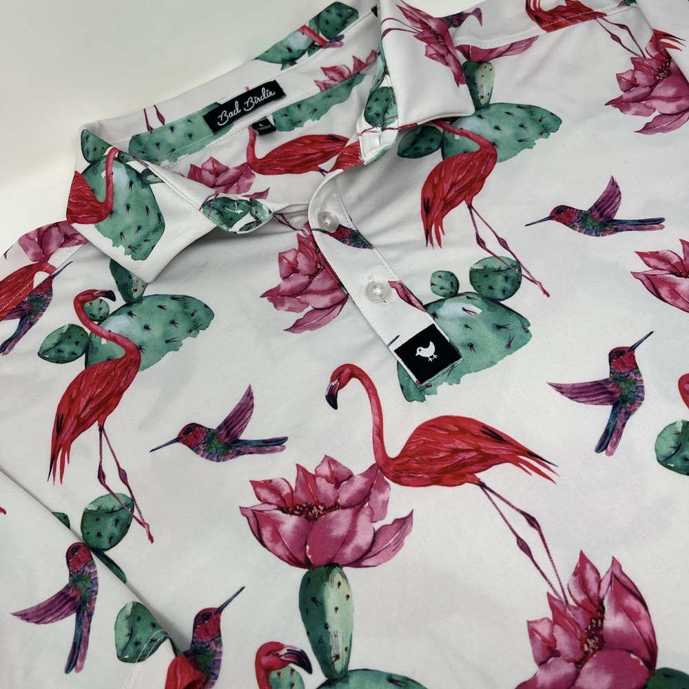 Bad Birdie Polo Shirt Mens L Flock With Me Flamingo Cactus AOP Performance Golf